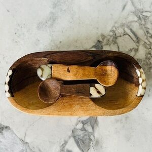 Double Wild Olive Wood & Batik Bone Spice Bowl with Spoons
